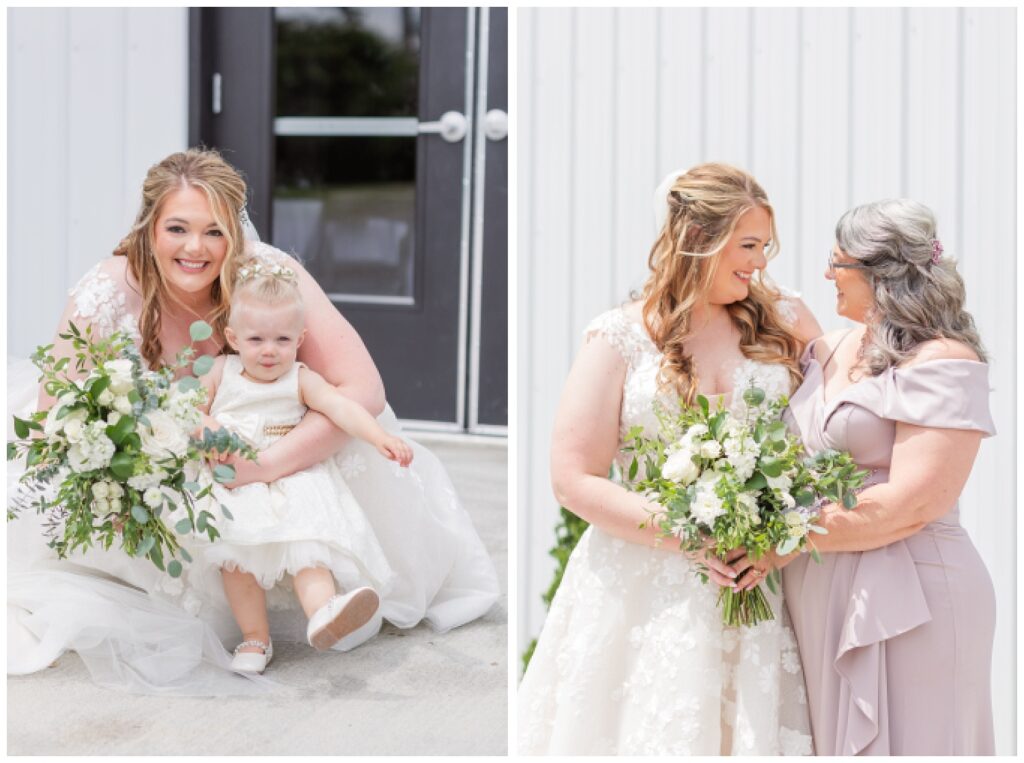 bride posing with her mom and daughter at summer wedding in Ohio