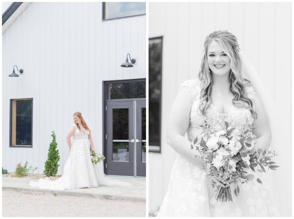 bridal portraits in front of the entrance to the Village Barn in Ohio