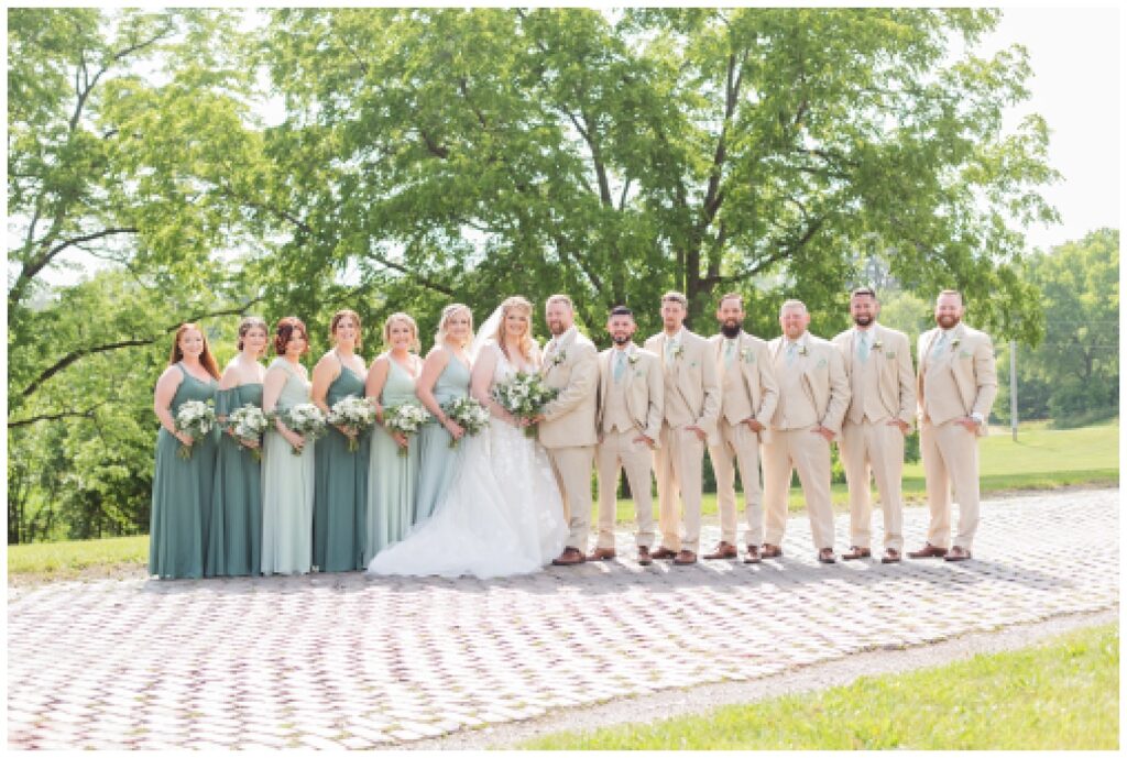 full wedding party at the Village Barn venue in Monroeville, Ohio