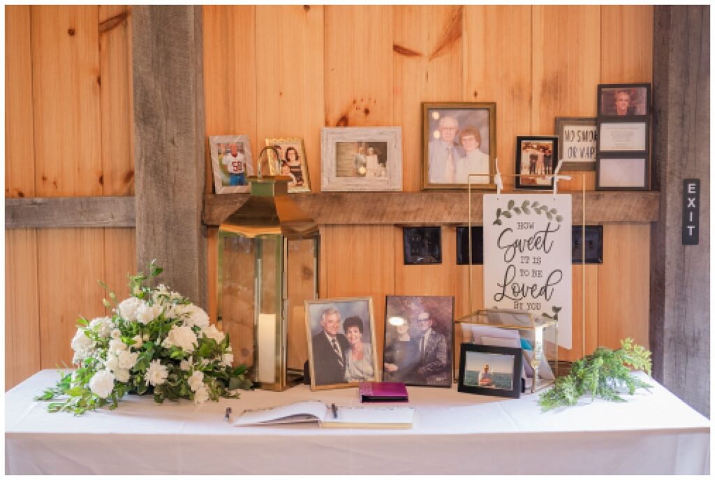 guest book and gift table at the Village Barn wedding venue