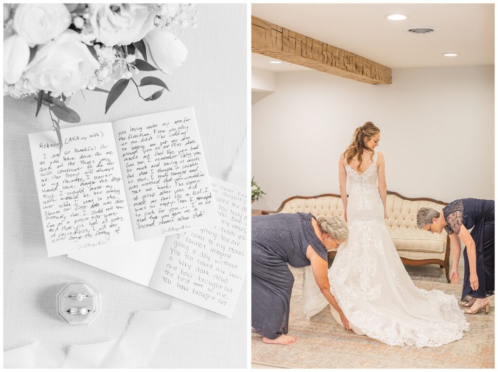 handwritten vows and wedding rings sitting in a ring box at summer ceremony