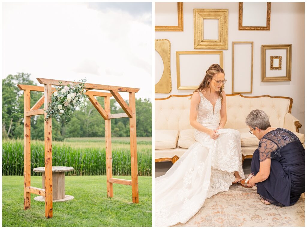 wooden arch at Arlington Acres ceremony site covered with white flowers