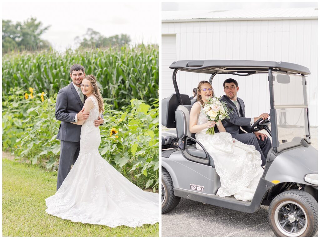 bride and groom riding together in a golf cart at northwest Ohio wedding venue