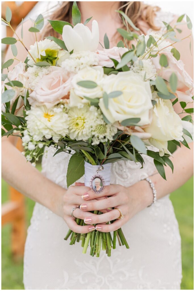 detail of bride's bouquet at Arlington Acres wedding venue