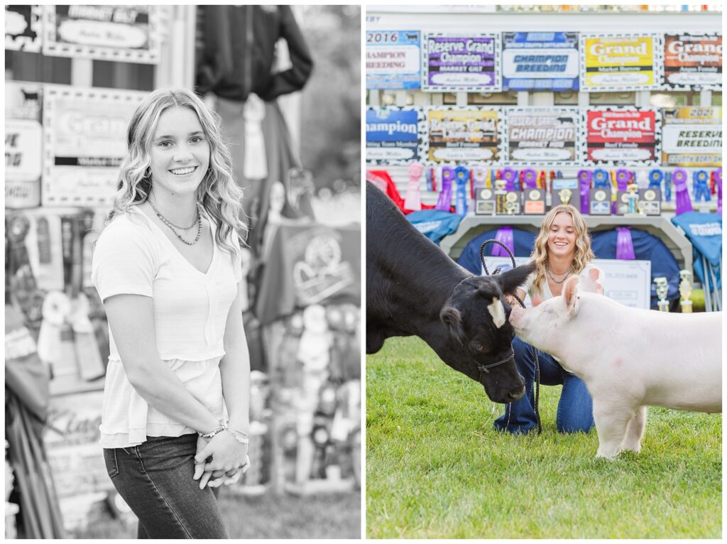 senior holding a pig and cow for session on a farm in Ohio