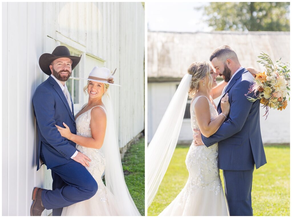 wedding couple holding each other in front of a white barn in Gibsonburg, Ohio