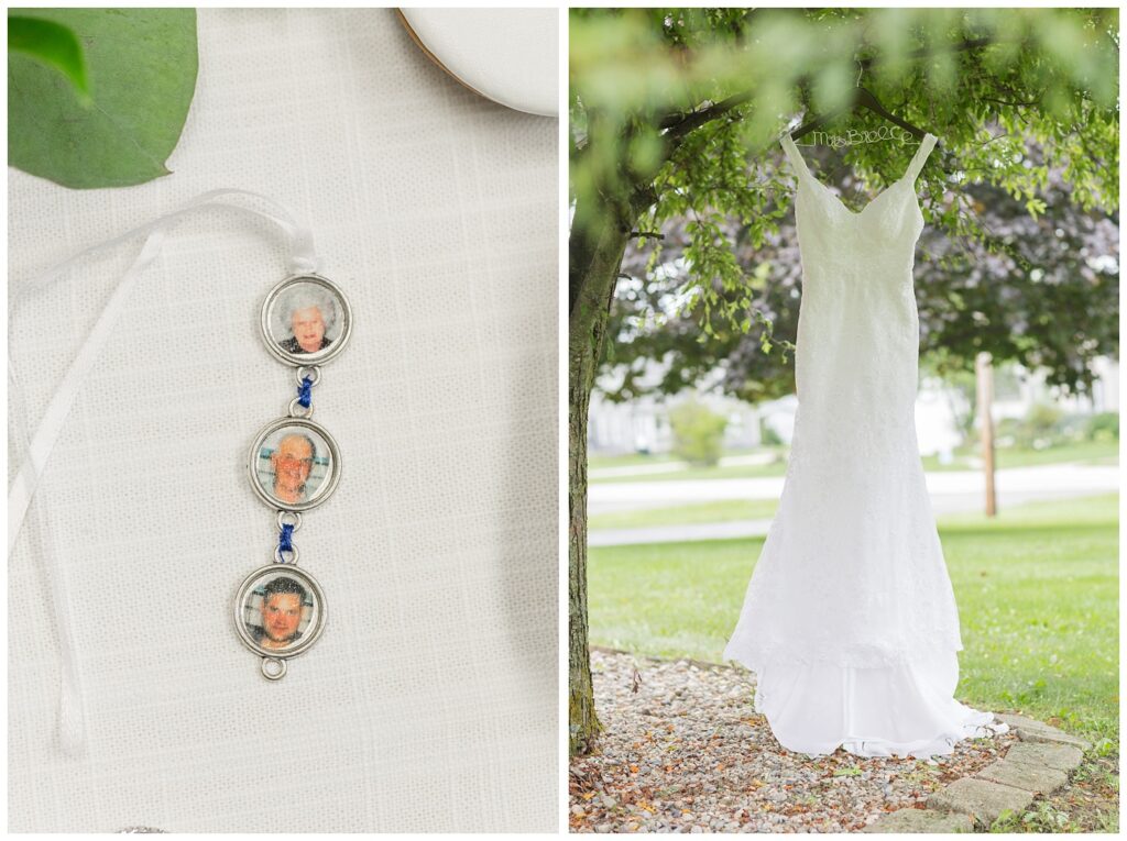 bride's wedding dress hanging from a tree at Risingsun First Church of God