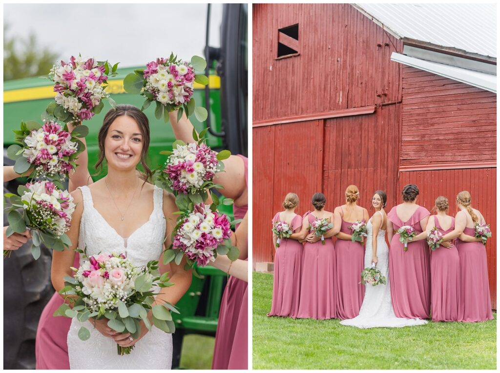 bride posing with bridal party in front of the bride's red barn