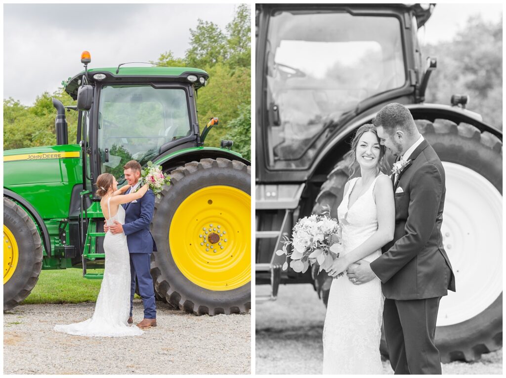 bride and groom smiling in front of their green tractor in Bowling Green, Ohio