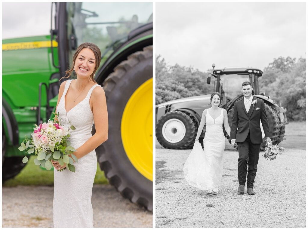 wedding couple walking together in front of their green tractor in northwest Ohio