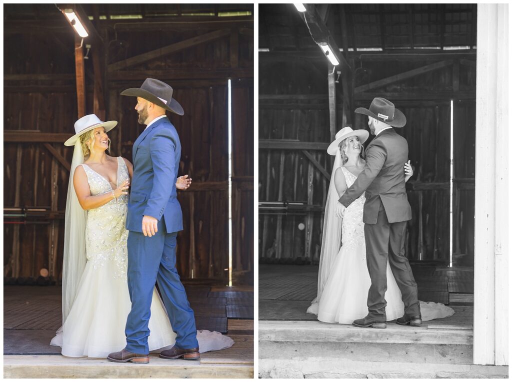 first look with bride and groom at the barn venue in Gibsonburg, Ohio