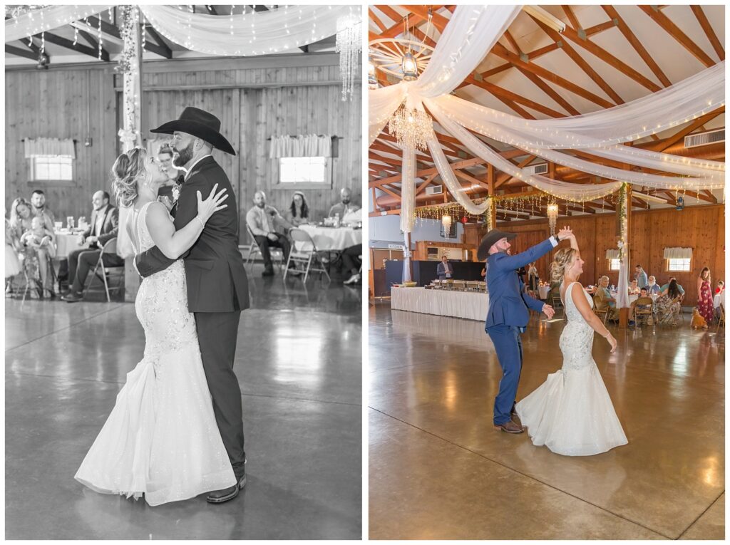 bride and groom share first dance at Ole Zim’s Wagon Shed wedding venue 