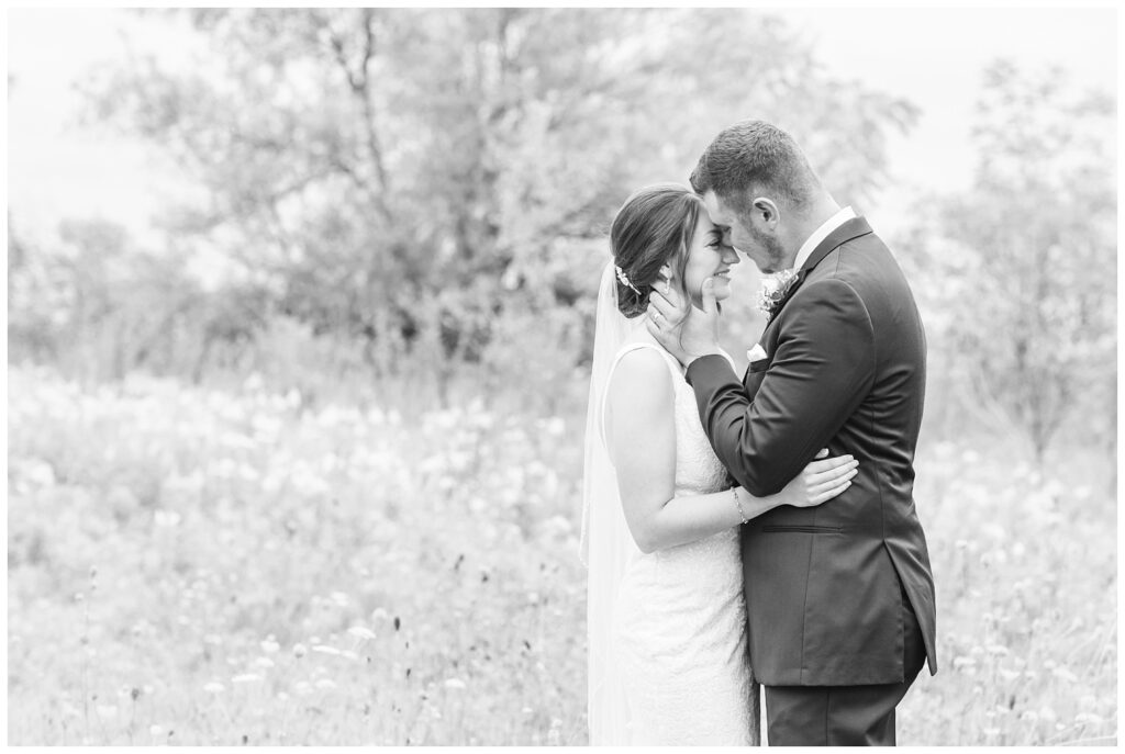 bride and groom touching foreheads in a field on their farm in northwest Ohio