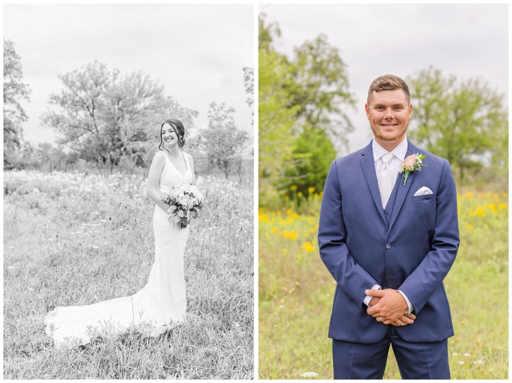 bride and groom posing for single portraits in a field on their farm in Ohio