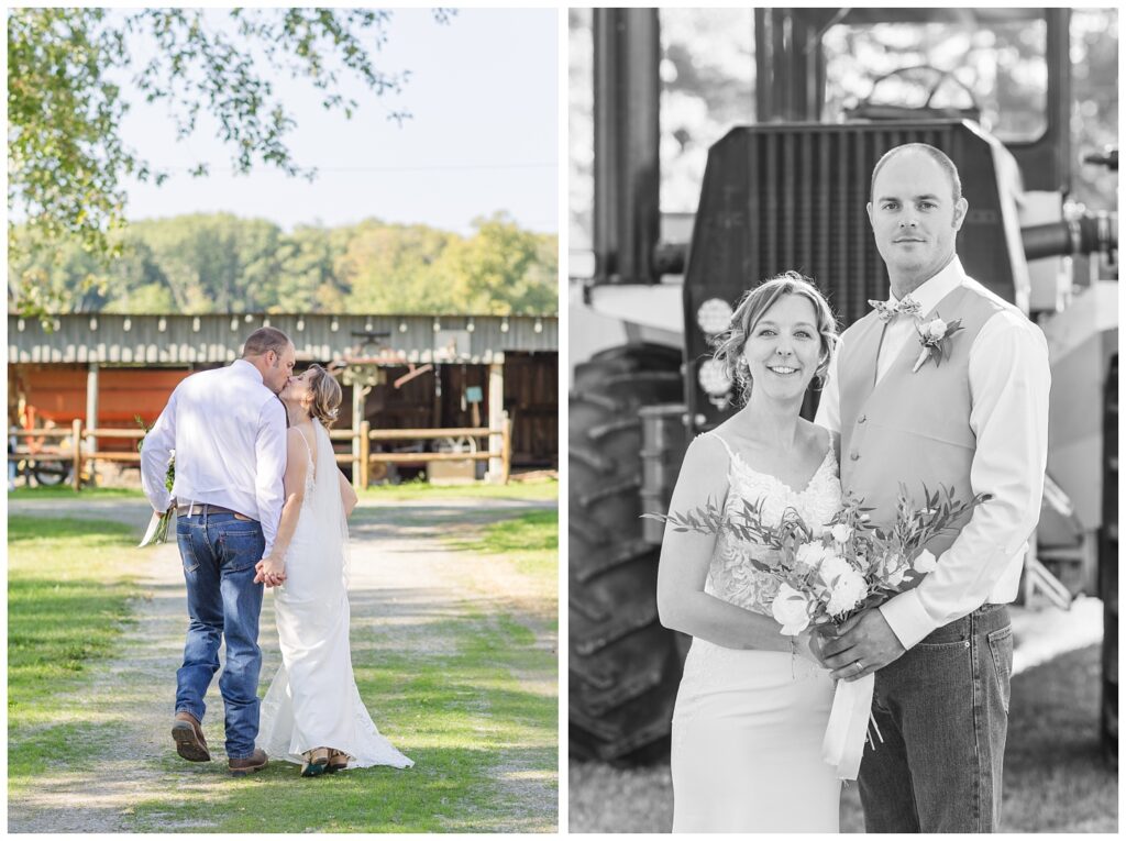 bride and groom share a kiss while walking towards a red barn