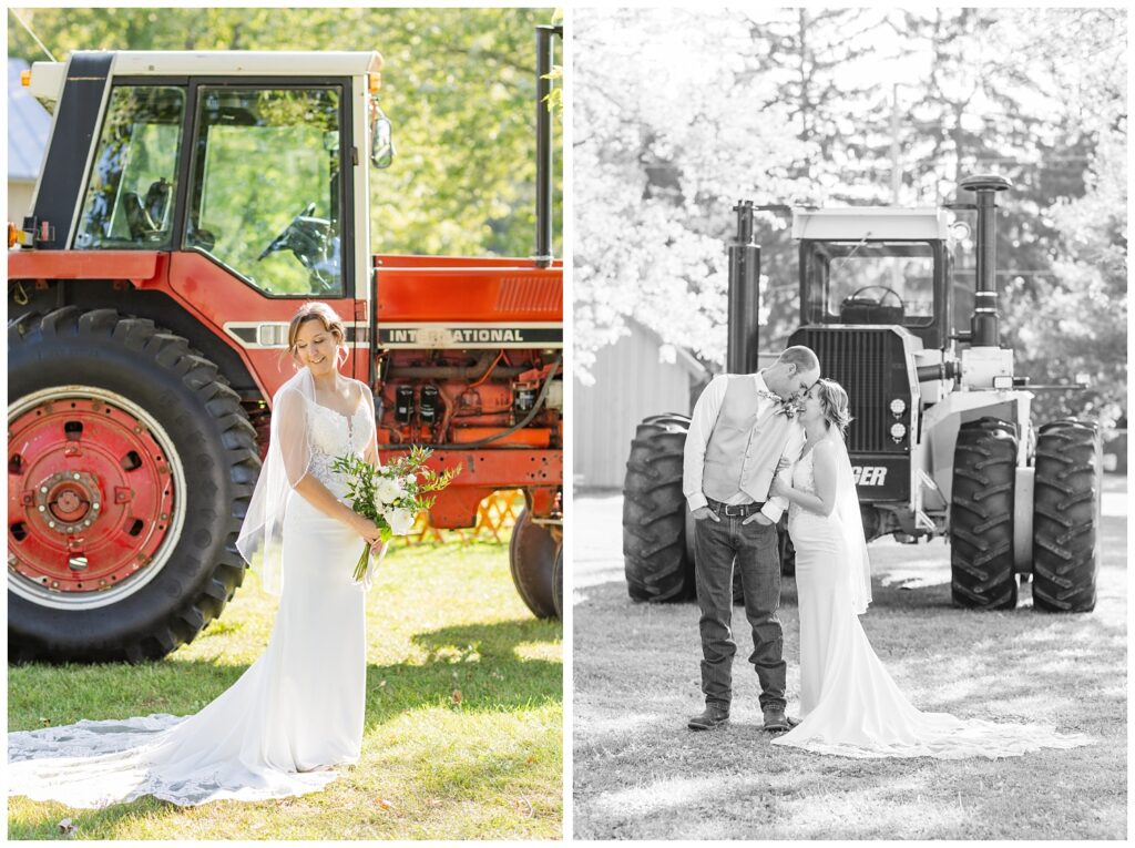 bride laughing with the groom and posing in front of a large red tractor