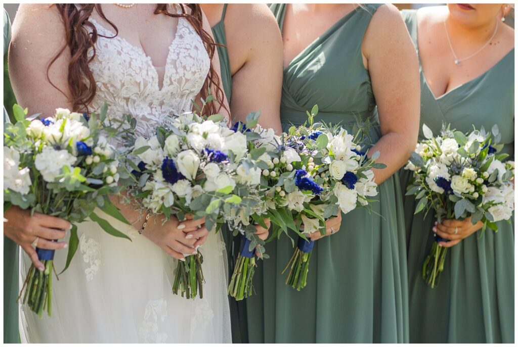 close up detail of the blue, green and white bouquets at northwest Ohio wedding