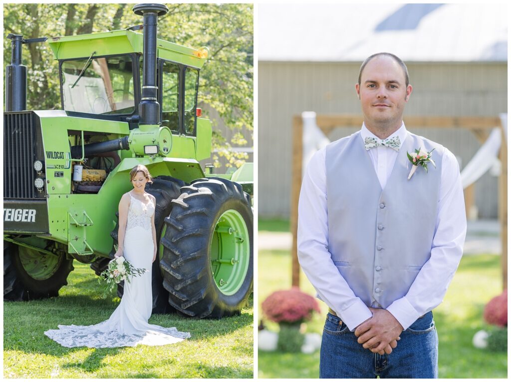 bride holding her bouquet and posing in front of a large green tractor in Ohio