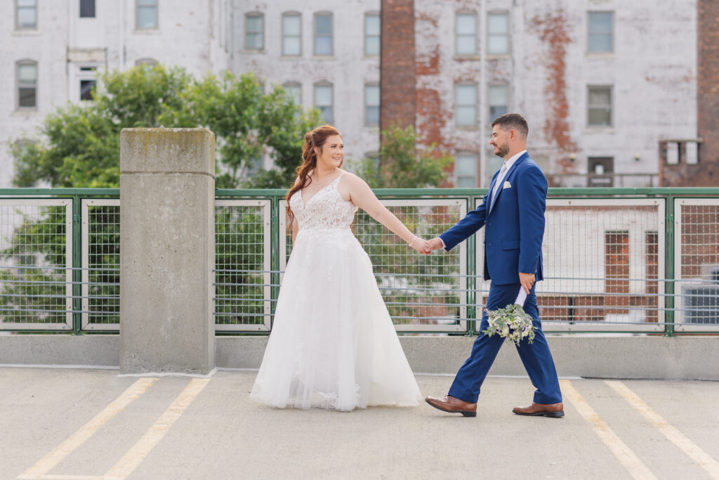 wedding couple walking along the downtown area of Sandusky, Ohio