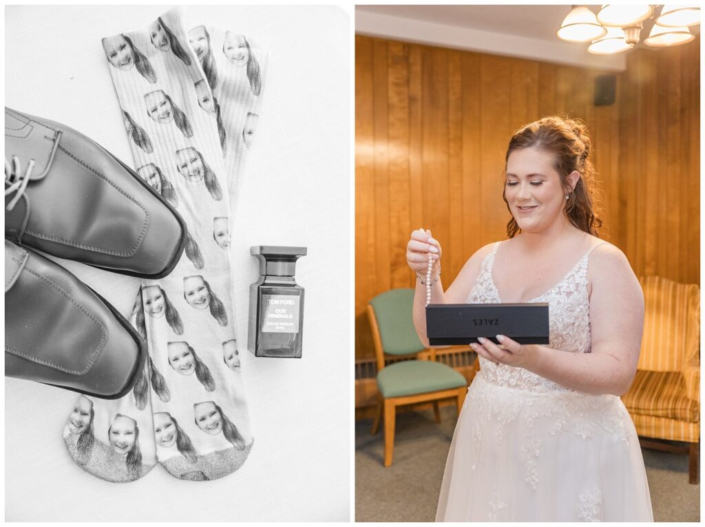 groom's shoes, cologne, and socks with the bride's face on them 