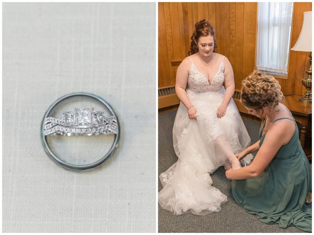 wedding rings sitting inside the groom's ring on white background mat