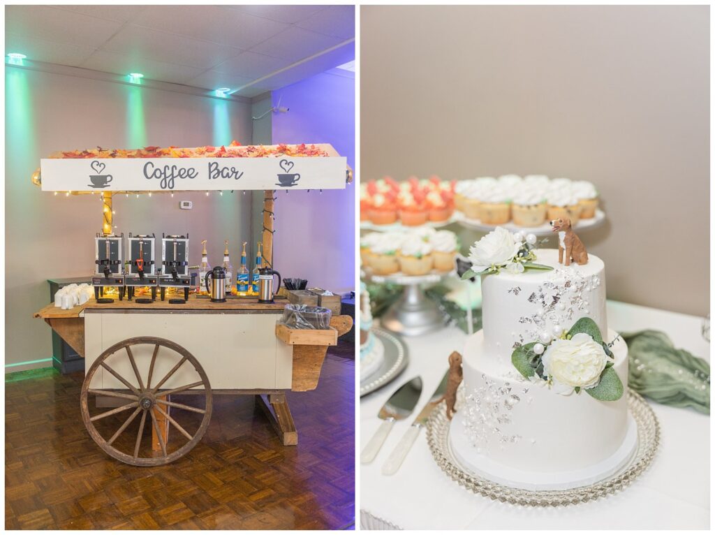 coffee bar and white wedding cake with a dog on top at wedding reception 
