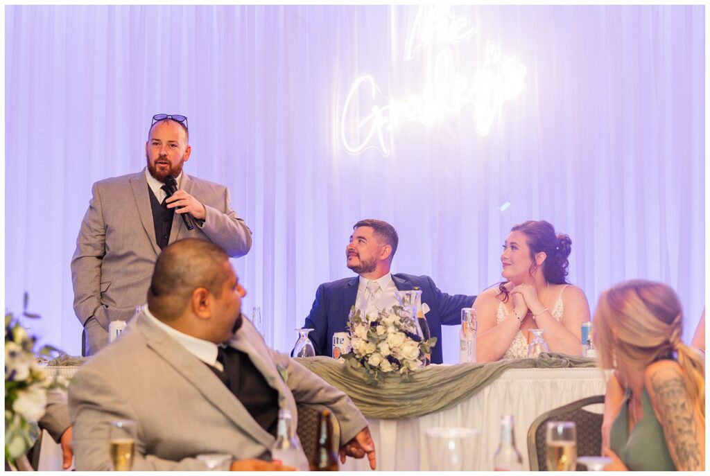 best man giving toast during wedding reception in Sandusky, Ohio