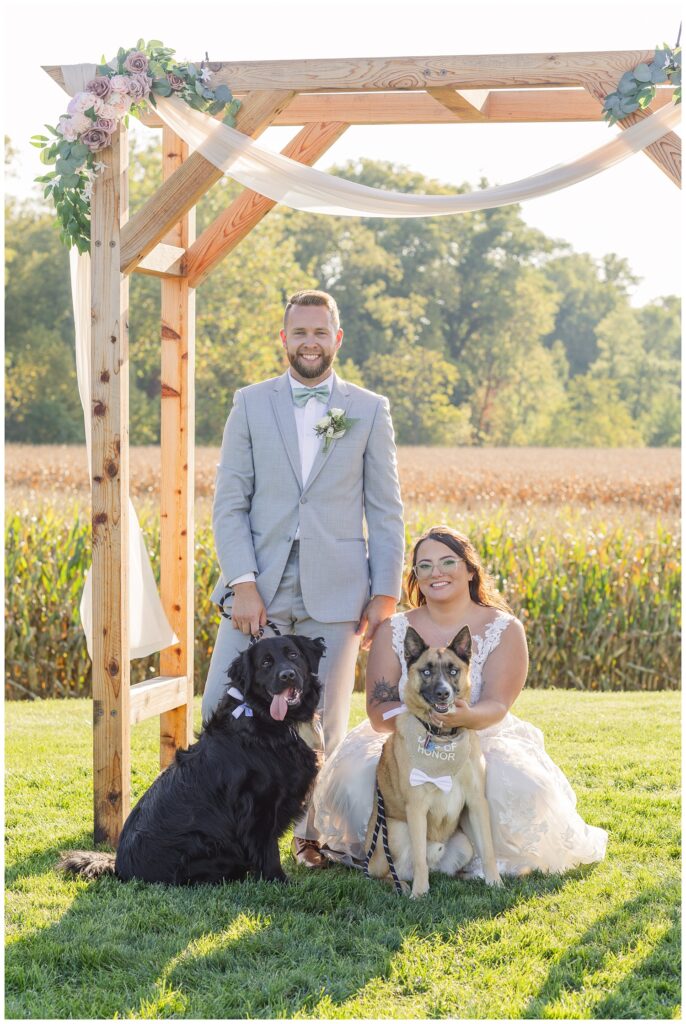 bride and groom posing with their dogs after the wedding ceremony