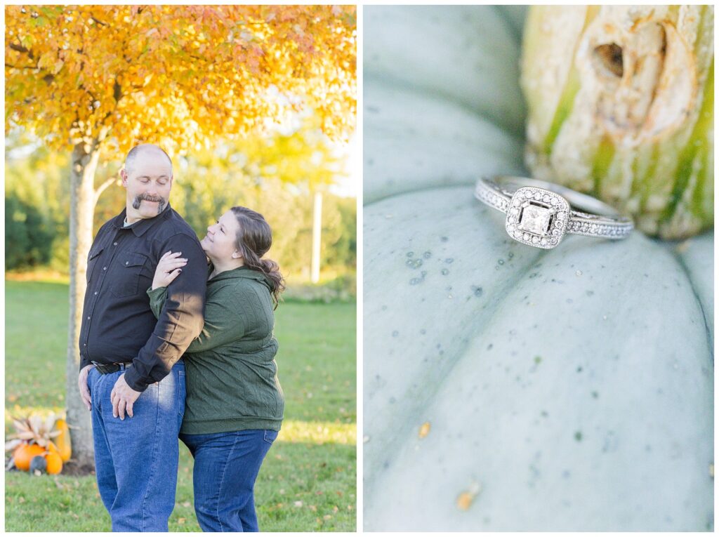 engagement ring sitting on top of a light green pumpkin