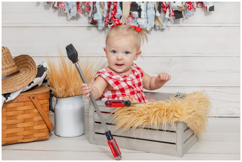 little girl wearing a red gingham and cowboy boot outfit sitting in a gray basket
