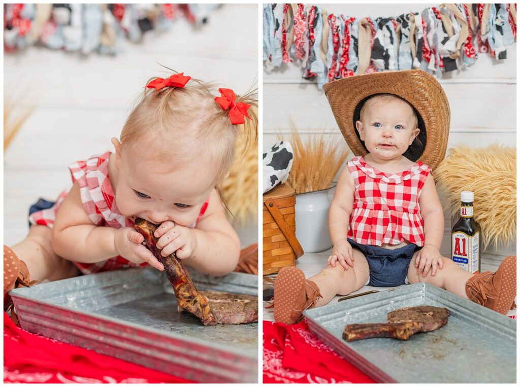 little girl wearing a cowboy hat eating a steak at portrait session in Tiffin, Ohio