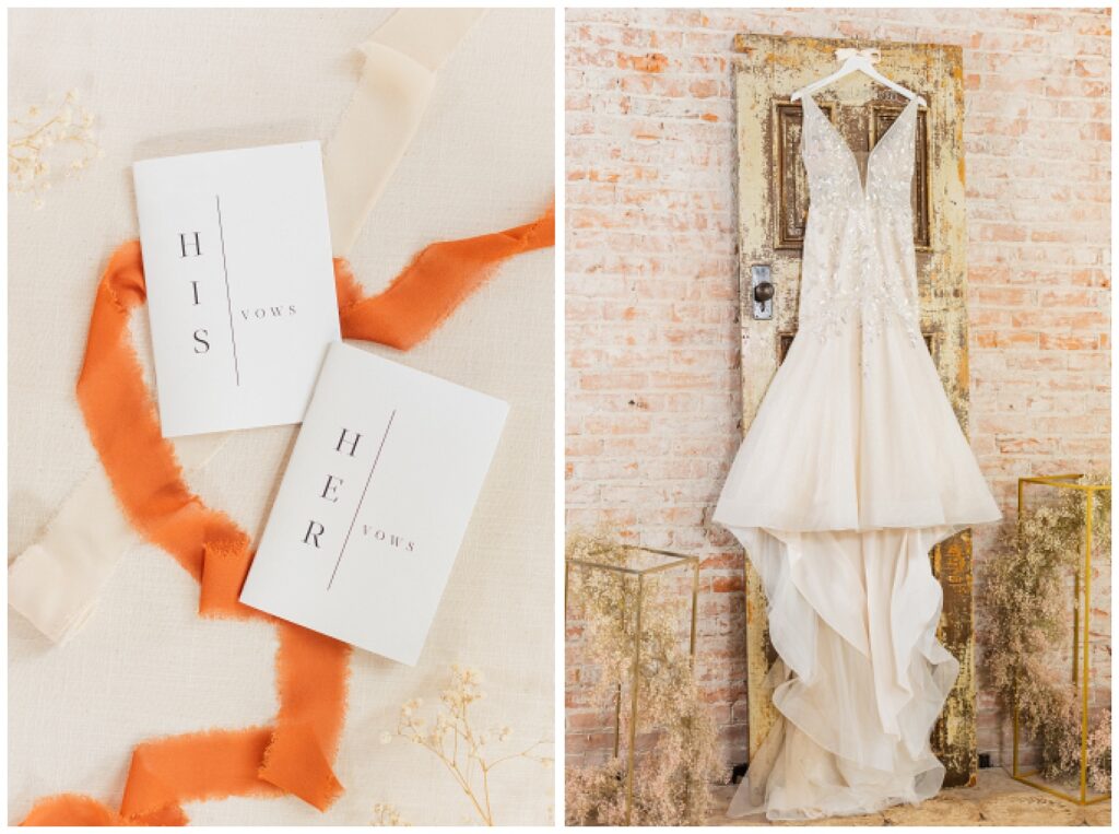ivory lace and sequined wedding dress hanging from an old door against a brick wall