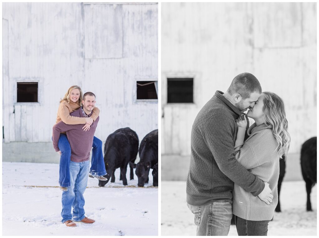 couple snuggling in the snow for Ohio farm winter engagement session