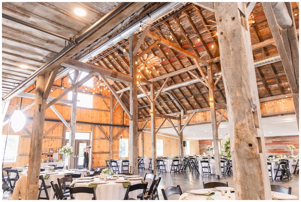 fully decorated reception inside at The Village Barn wedding venue in Monroeville, Ohio