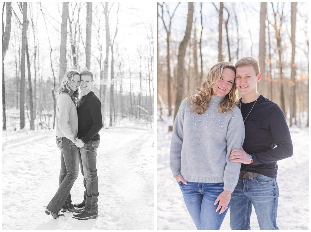 couple posing in the snow for winter engagement session in Columbus, Ohio
