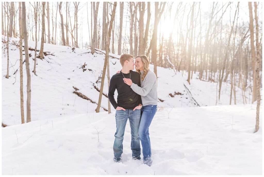 snowy engagement session during golden hour at Highlands Metro Park in Ohio