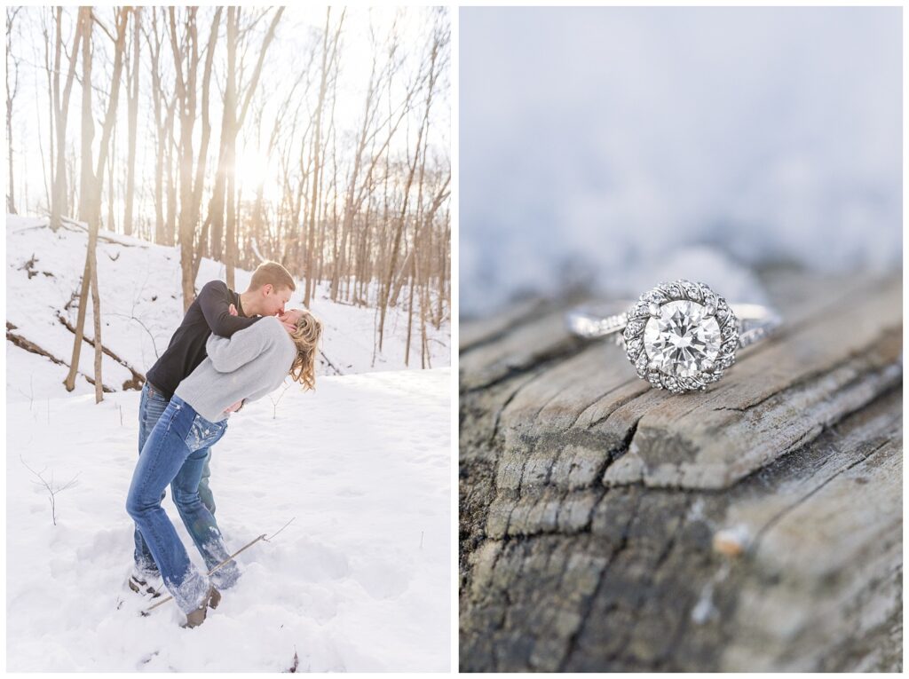 white gold and diamond engagement ring sitting on a wooden plank