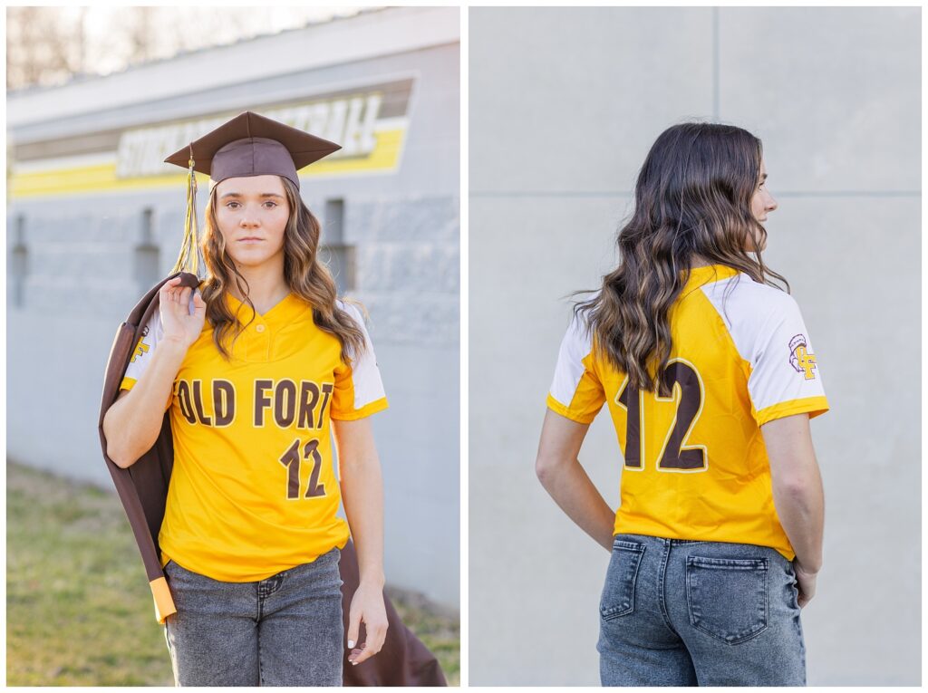 senior girl showing the back of her softball uniform top at Old Fort High School in Ohio