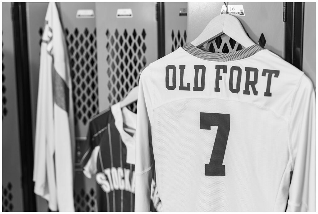 details of a high school senior's sports uniforms at a locker room in Fremont, Ohio