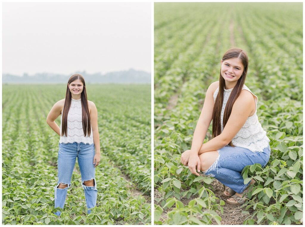 girl posing for senior portraits in Sandusky in a field