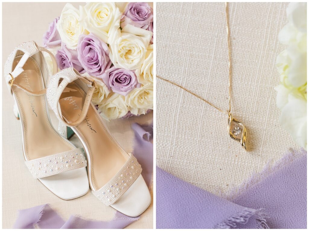 white pearl detail wedding shoes sitting on top of lavender ribbon