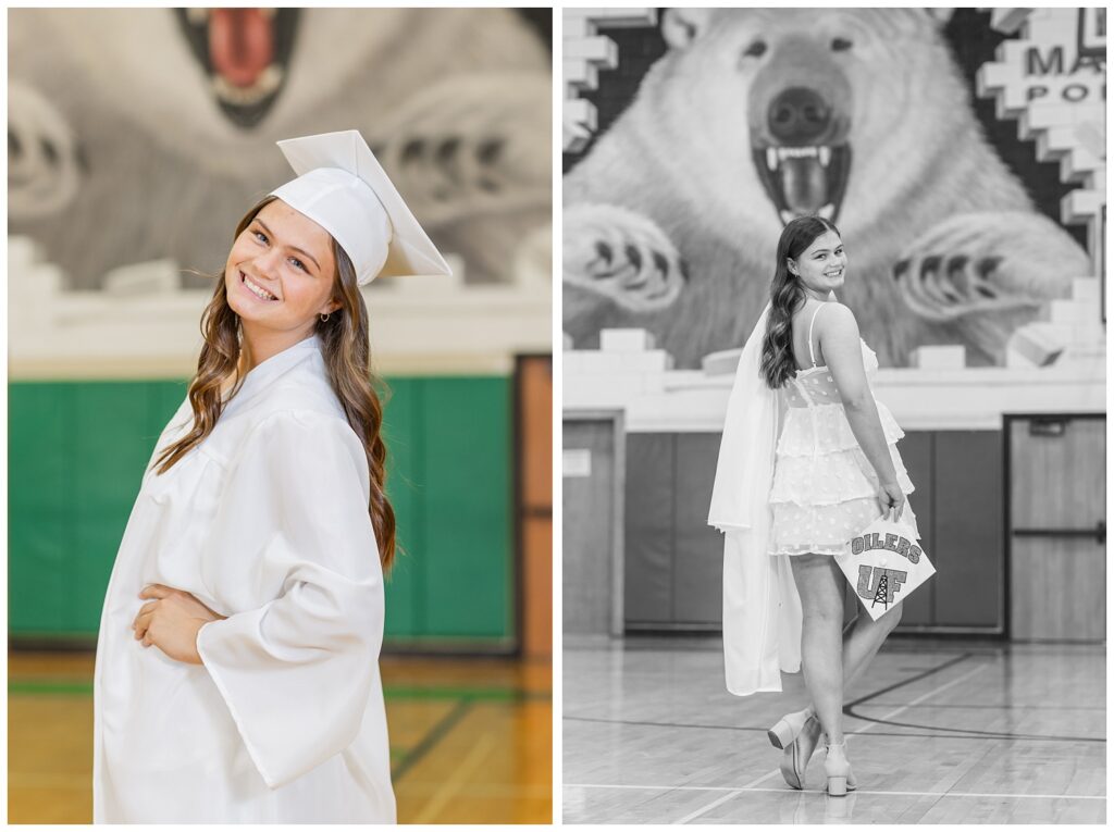 senior girl posing in her cap and gown at Margaretta High School