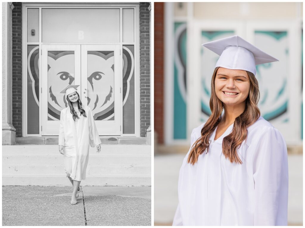 high school senior girl posing outside wearing her cap and gown