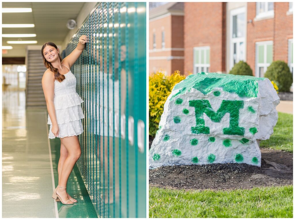 senior girl posing against green locker at her high school in Castalia, Ohio