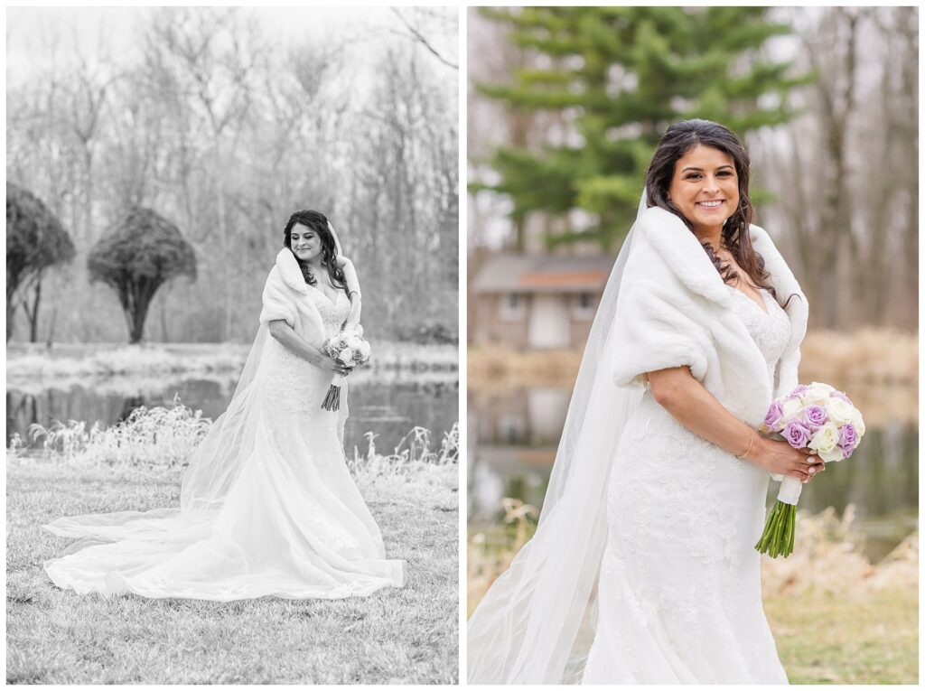 bride wearing a fur shawl next to a pond at Bradner Reserve