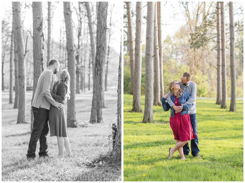 couple posing in the sun near a grove of trees at Tiffin, Ohio engagement session