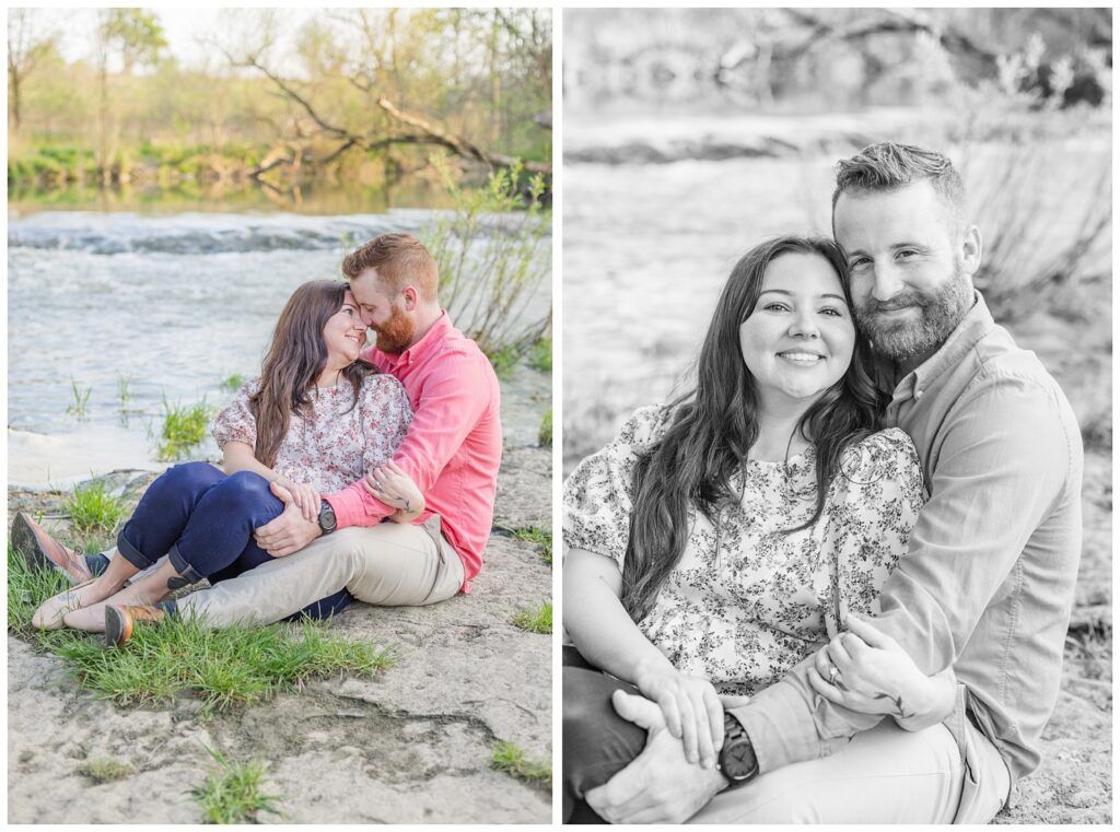 couple sitting together next to a creek at Lindsey, Ohio engagement shoot