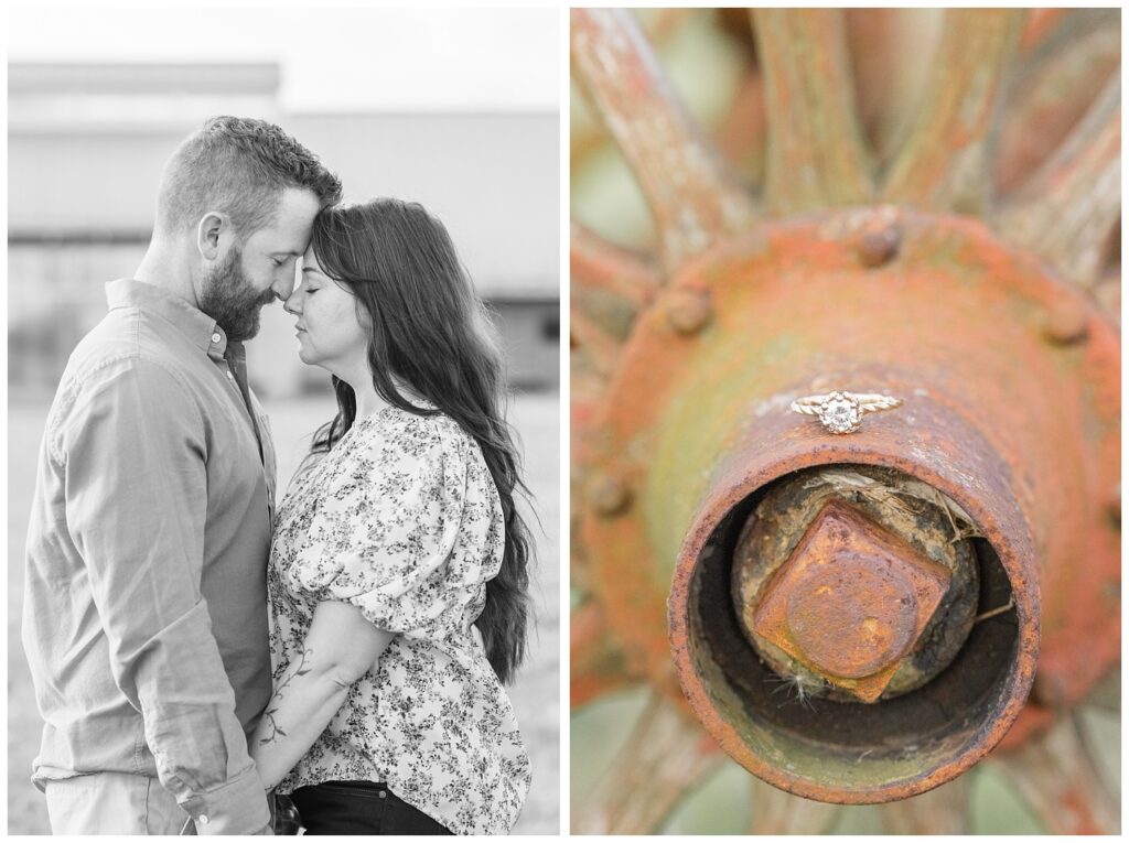 engagement ring sitting on a metal wheel at Creek Bend Farm in Lindsey, Ohio