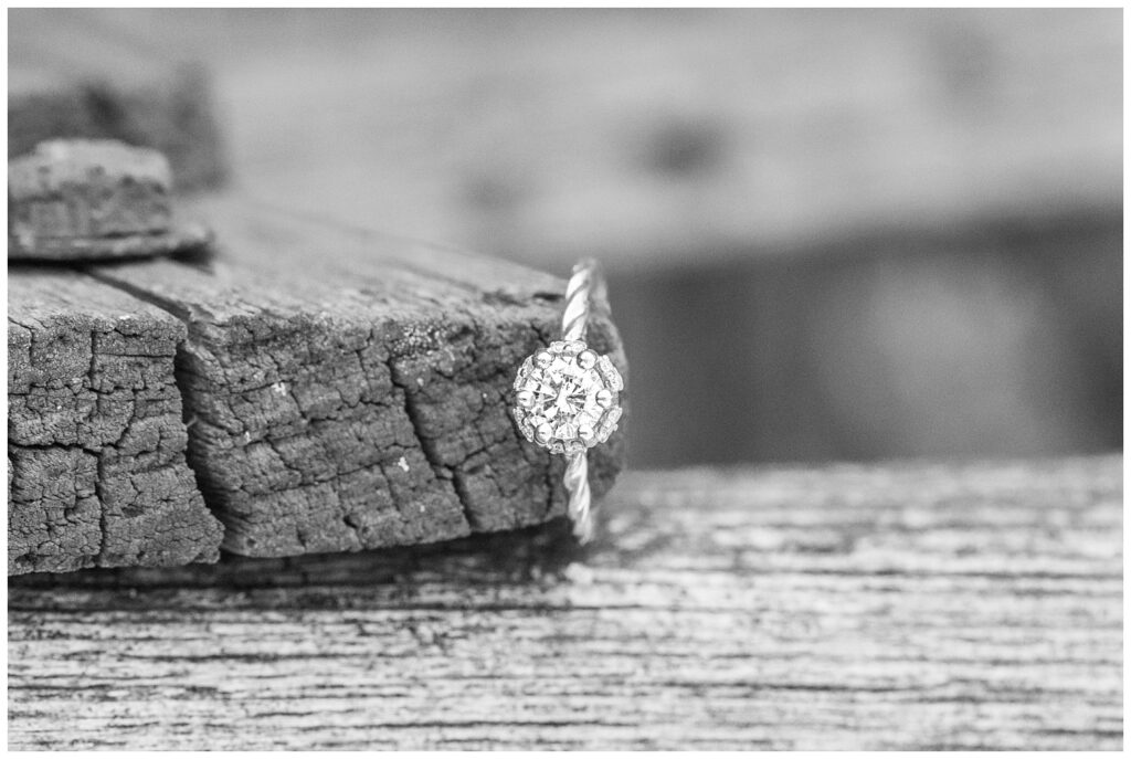 engagement ring hanging on the end of a wood plank in Lindsey, OHio