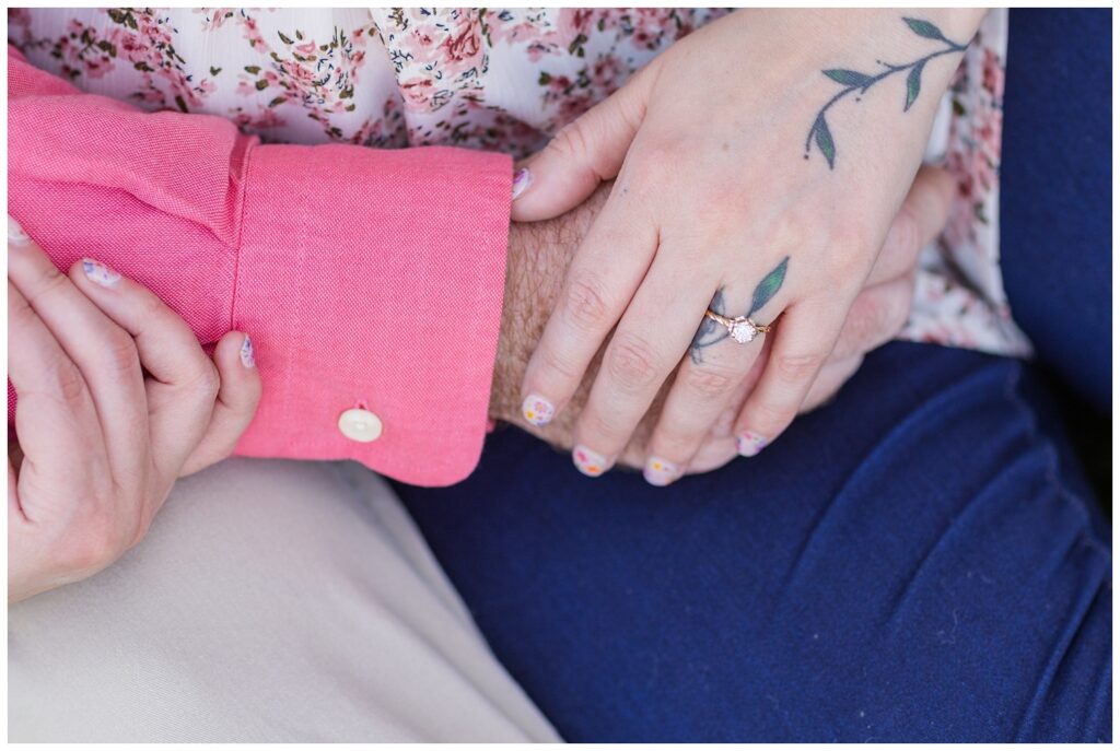 close up of woman's engagement ring at Creek Bend Farm portrait session